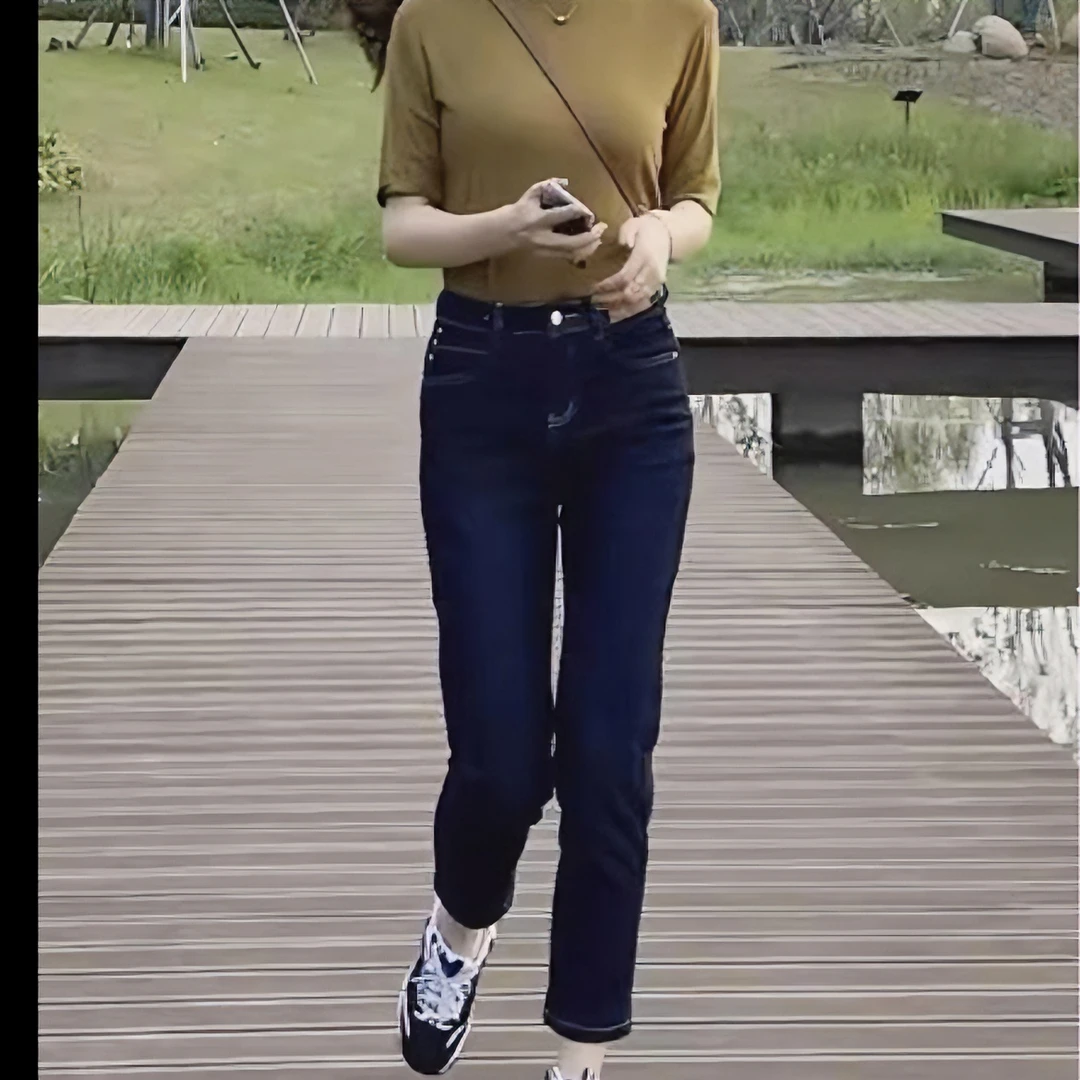 春款修身气质直筒小脚时尚百搭水洗蓝色显瘦高弹力中腰牛仔裤长裤