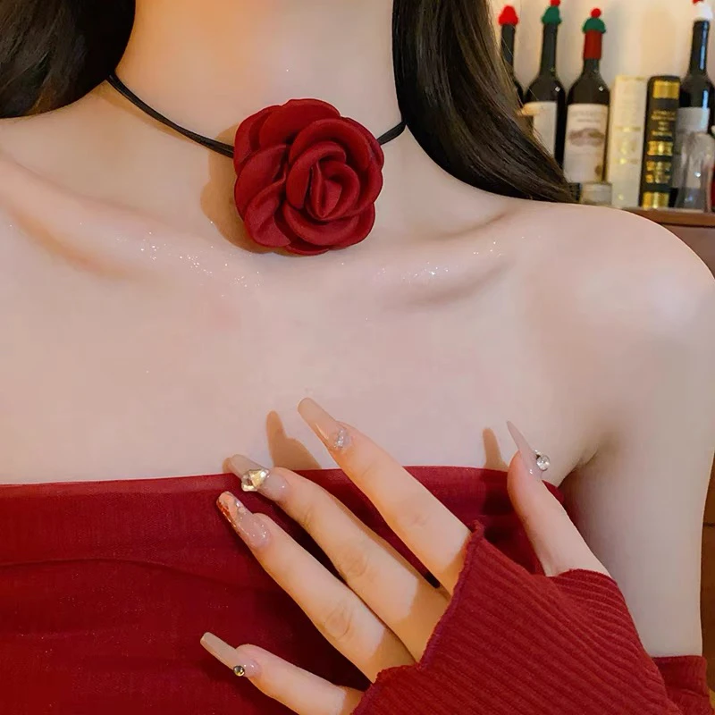 非金属布艺项链 红色玫瑰花颈链choker颈花颈带项链系花脖子配饰