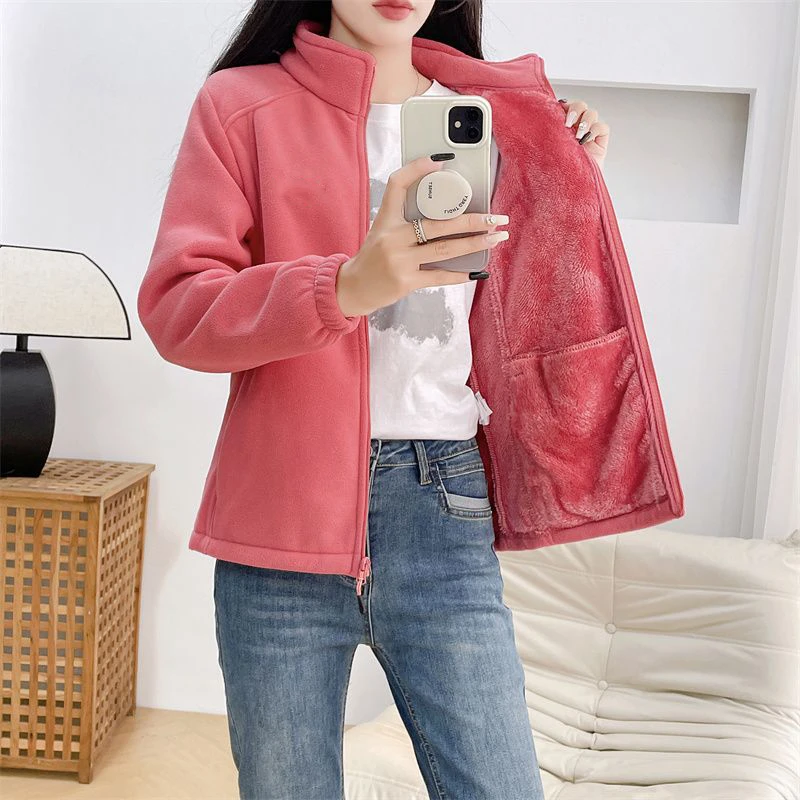 摇粒绒老年时尚宽松女装上衣运动休闲加绒春秋秋冬立领妈妈装中