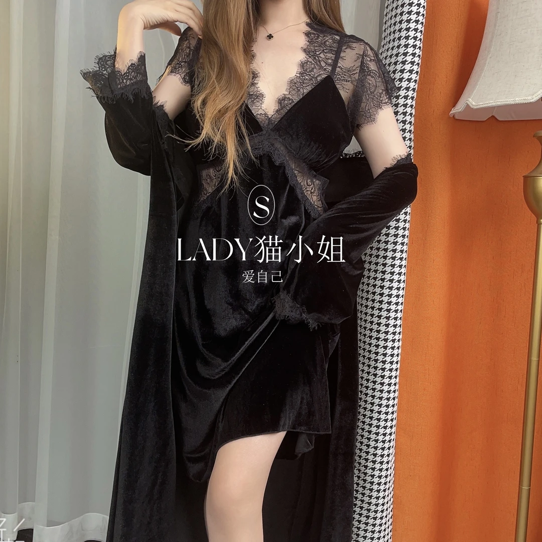 【魅丽佳人】高级感秋冬季金丝绒家居服蕾丝性感轻奢睡衣睡裙大码