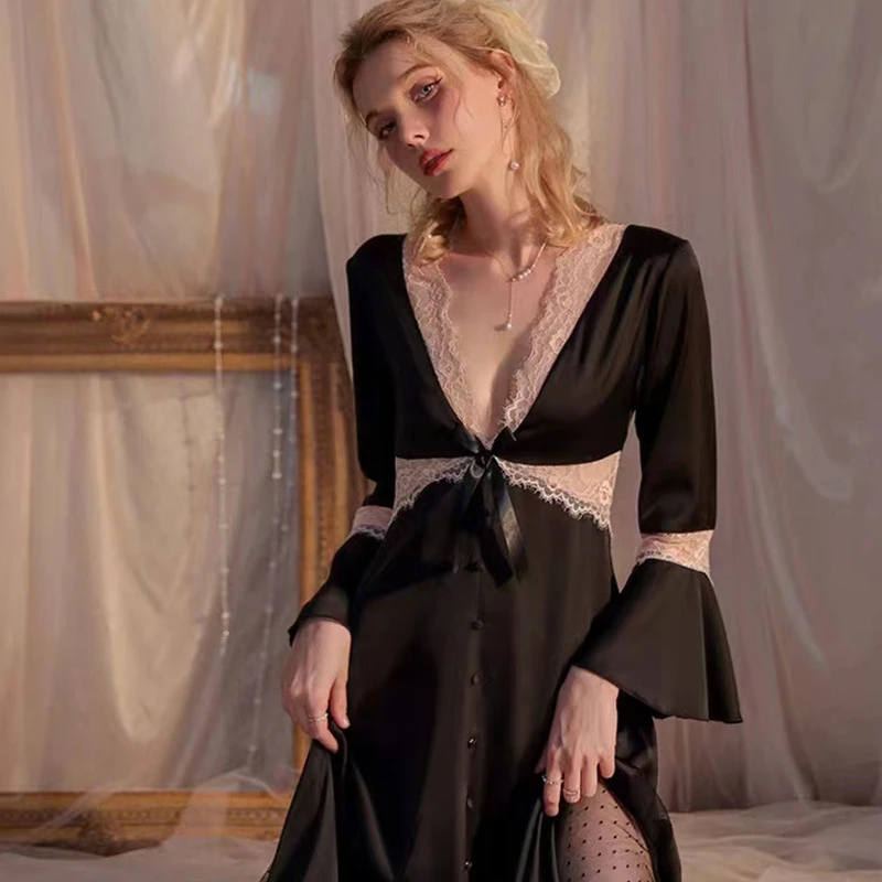 法式温柔公主睡裙 春夏性感深V蕾丝高级感长袖睡裙法式纯欲睡裙