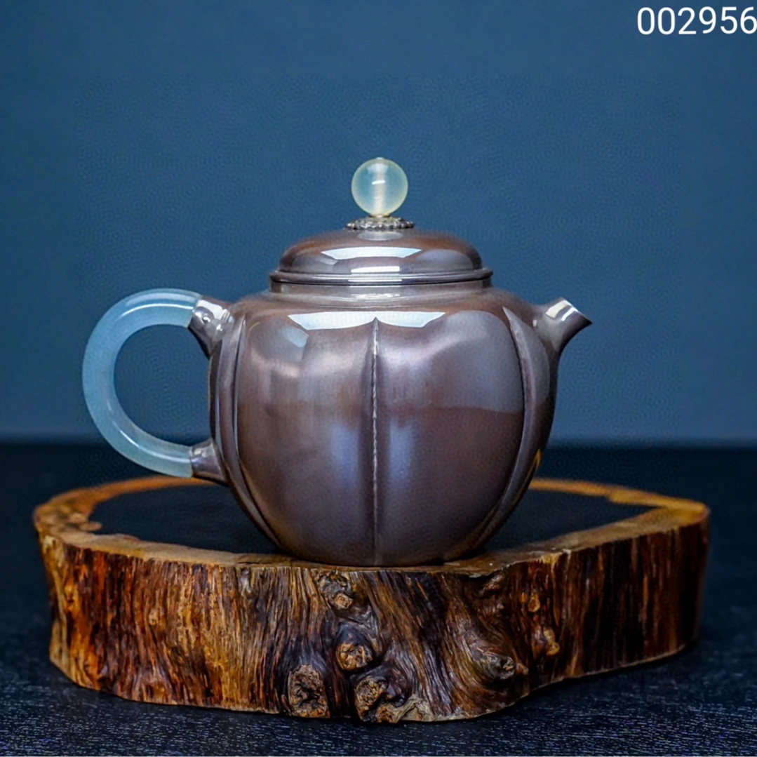 【森田手作】纯手工一张打棱形玉柄鎏金泡茶壶足银999银茶壶小银壶