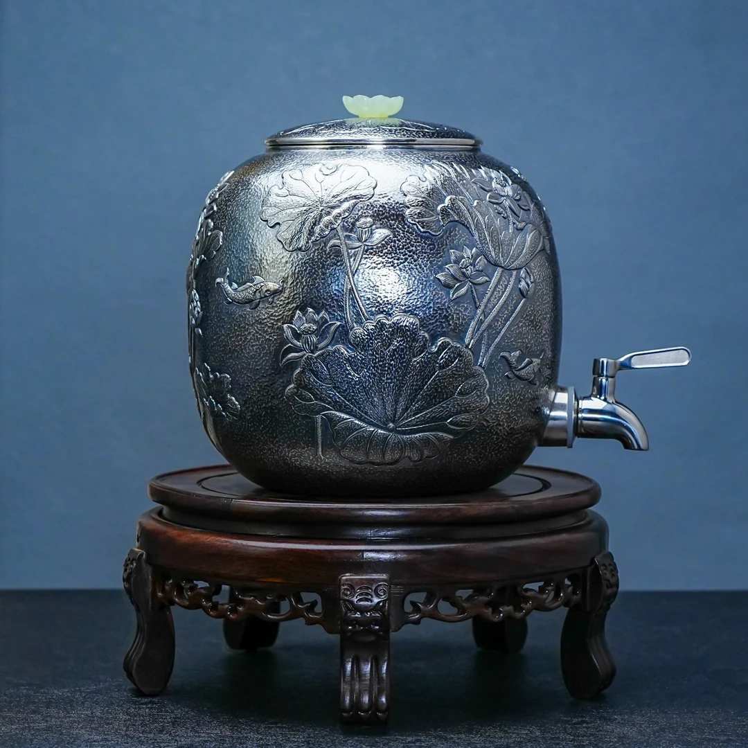 【森田手作】足银999银水缸银水桶纯手工一张打鱼跃荷欢家用储水罐