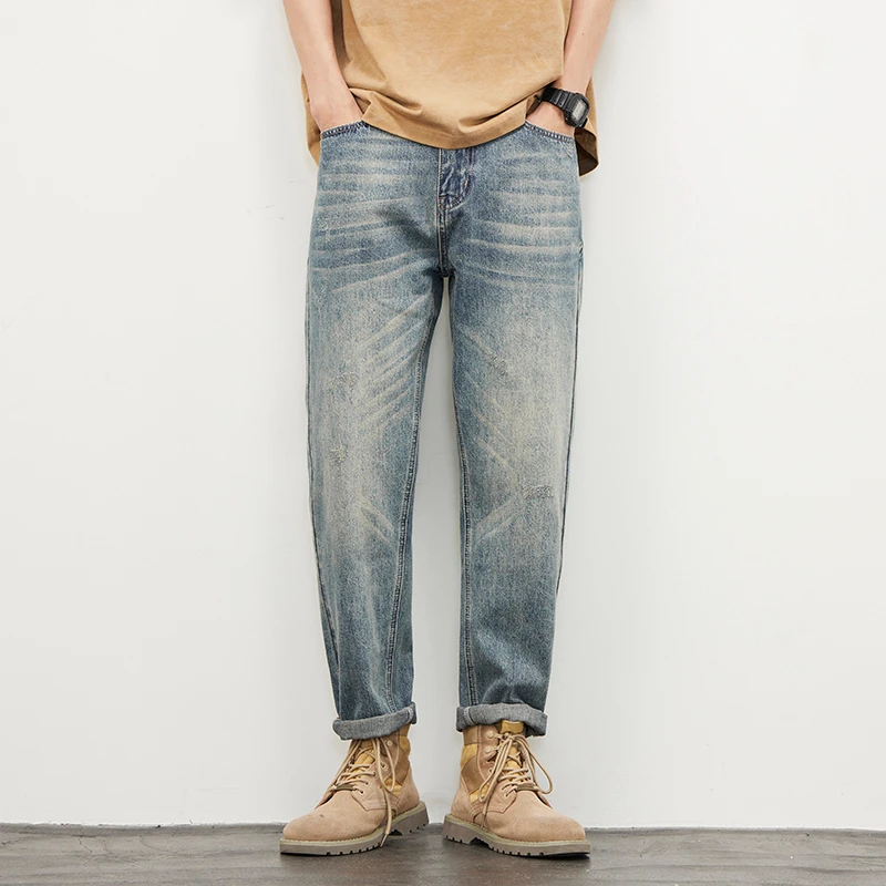 新款美式微锥小直筒立体绣花简约百搭宽松高级感潮牌牛仔裤男长裤