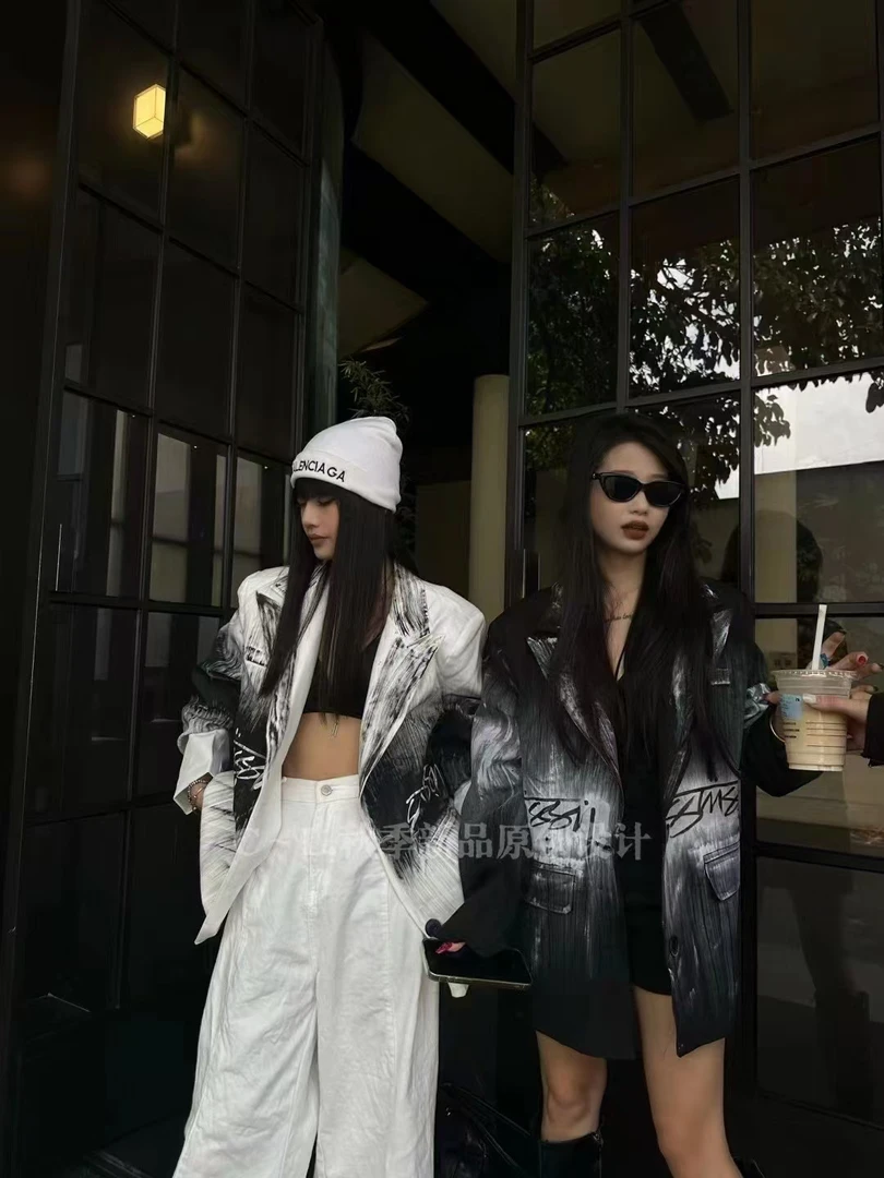 【CL】潮牌手绘数字渐变图案宽松西服外套气质高级百搭西装外套女