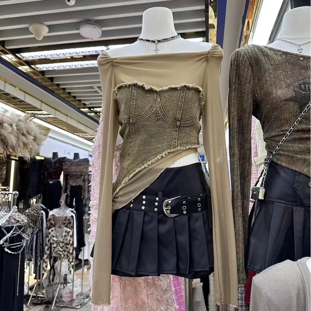 【BNA】牛仔个性拼接长袖网纱上衣T恤气质百搭修身秋季上衣女士