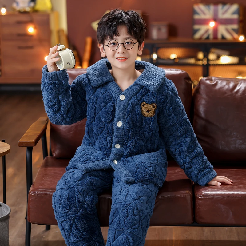 冬款男童女孩三层夹棉加厚家居服冬天保暖儿童睡衣法兰绒套装外穿