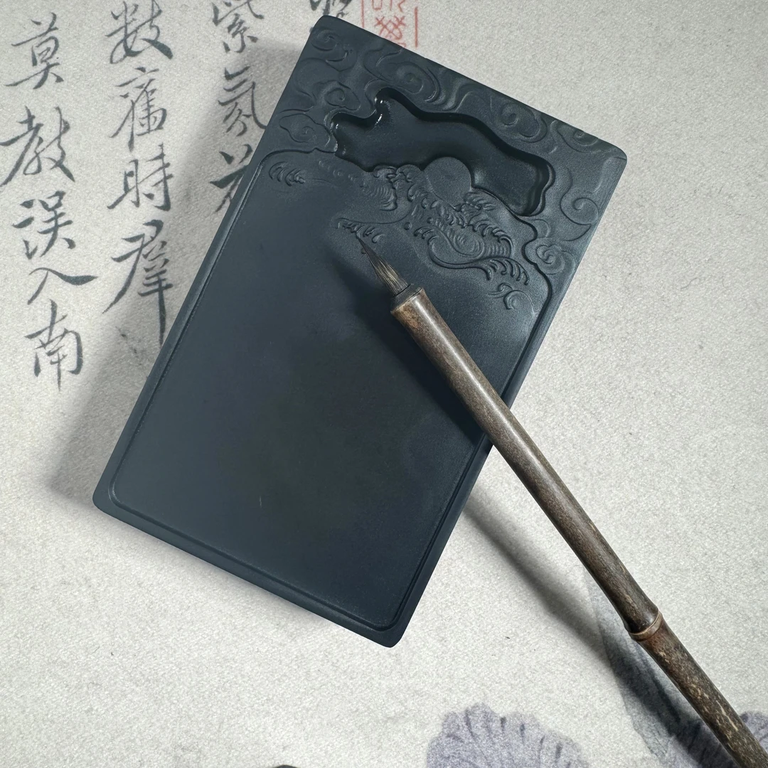 【清清清】天然原石文房四宝歙砚黑龙潭黑色砚台送墨条