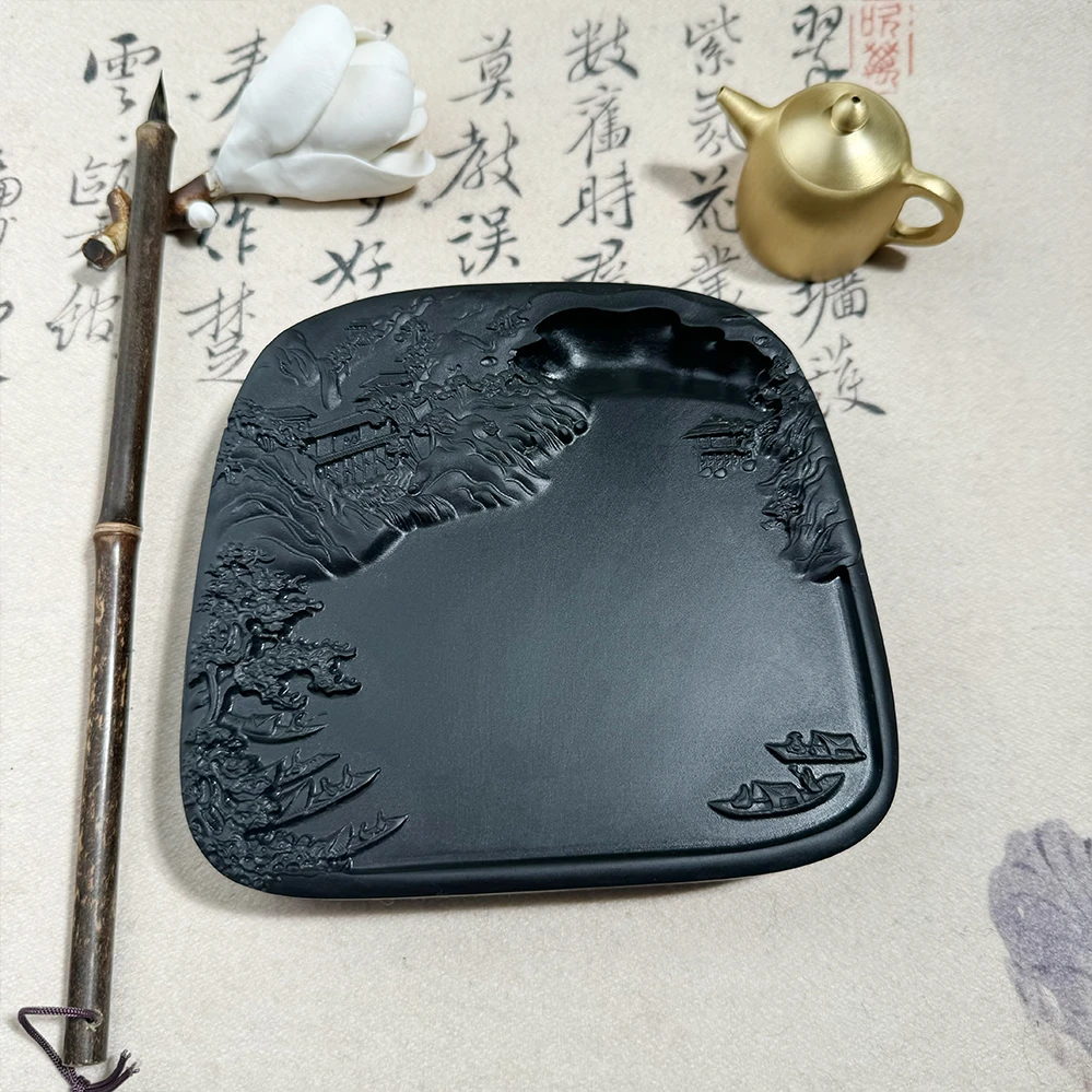 【送铜壶砚滴】歙砚黑龙潭台平湖泛舟带实木盒寸14.5×13.5×2.6cm