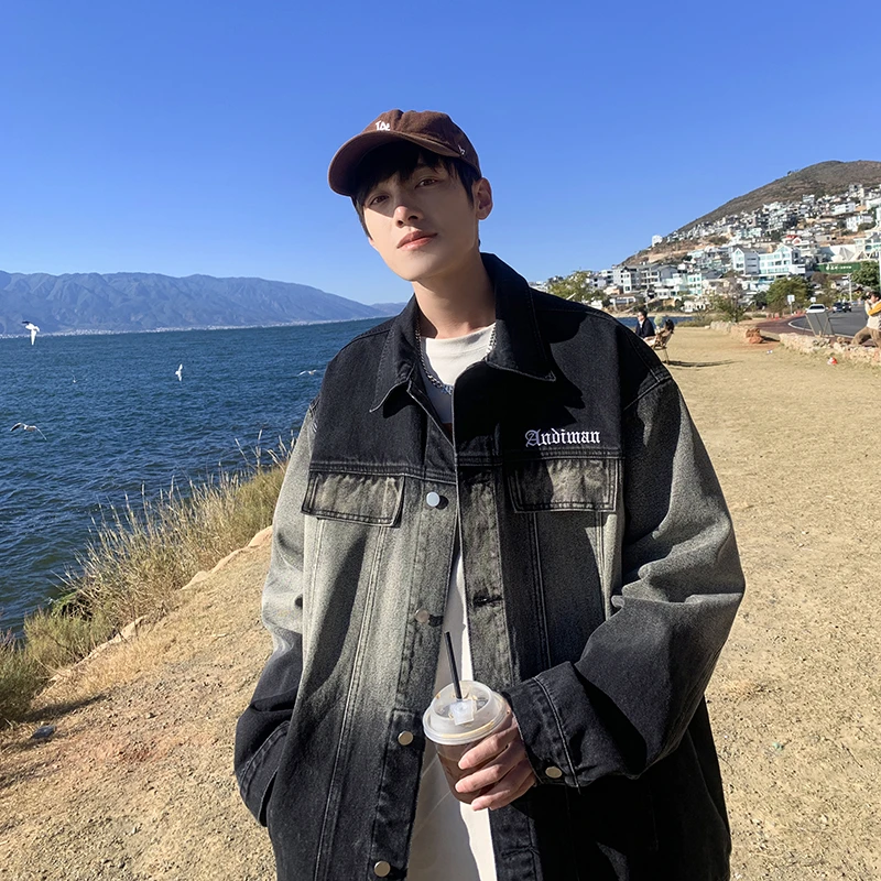 美式复古渐变牛仔外套男春秋季高街潮牌工装夹克宽松潮流休闲衣服