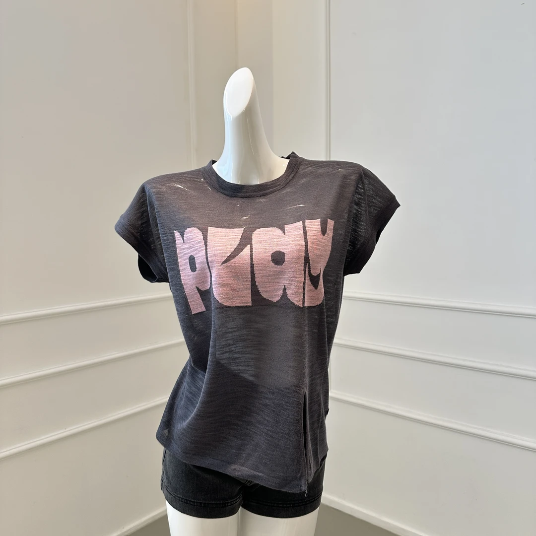 【金美希定制】MD0728时尚百搭宽松条纹字母针织上衣女短袖T恤