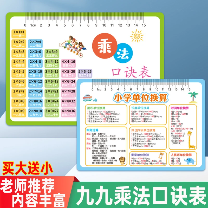 九九乘除法口诀表小学生时间单位换算图形面积计算公式便携背诵卡