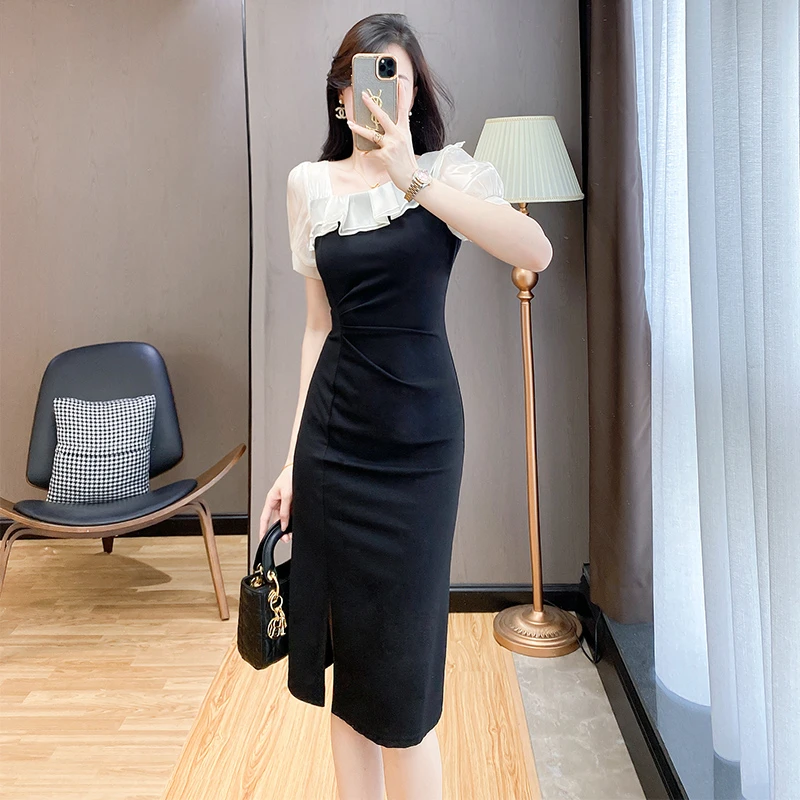 轻奢包臀连衣裙高级感修身显瘦夏季约会礼服裙子泡泡袖方领小黑裙
