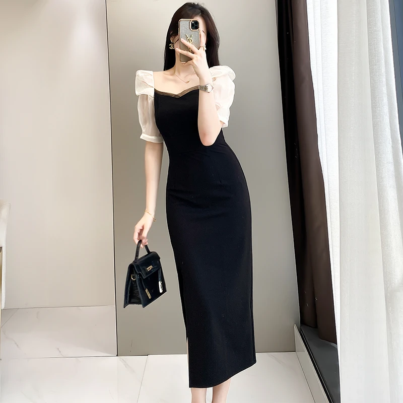 高档轻奢黑色连衣裙夏季时尚气质约会裙子修身显瘦泡泡袖方领女装