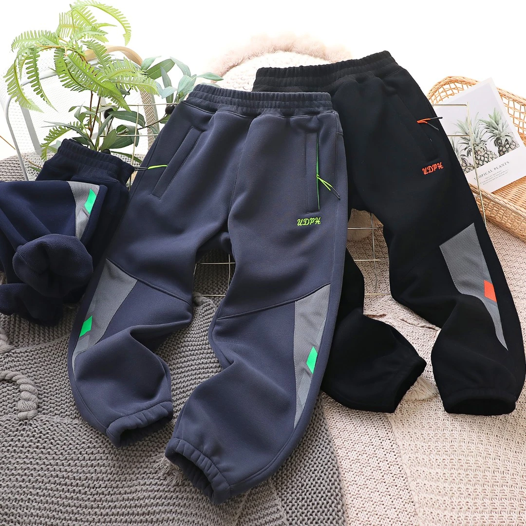 儿童冬款加绒带拉链卫裤中大童潮款刺绣休闲长裤男童休闲运动校裤