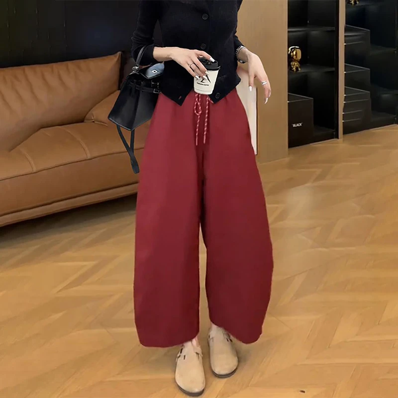 休闲运动九分裤2025秋季新款韩系宽松显瘦百搭通勤红色高腰直筒裤