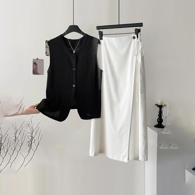 休闲套装简约百搭圆领单排扣无袖上衣高腰半身裙两件套