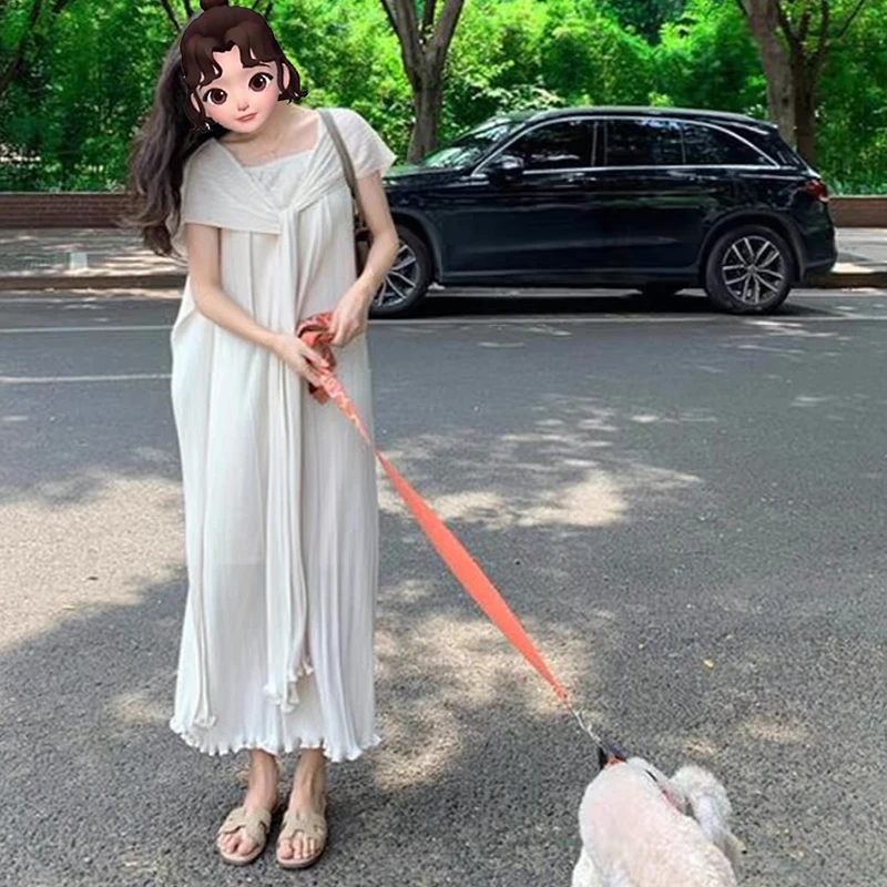 三宅夏季甜美风长裙新款木耳边宽松休闲纯色褶皱裙高腰显瘦连衣裙