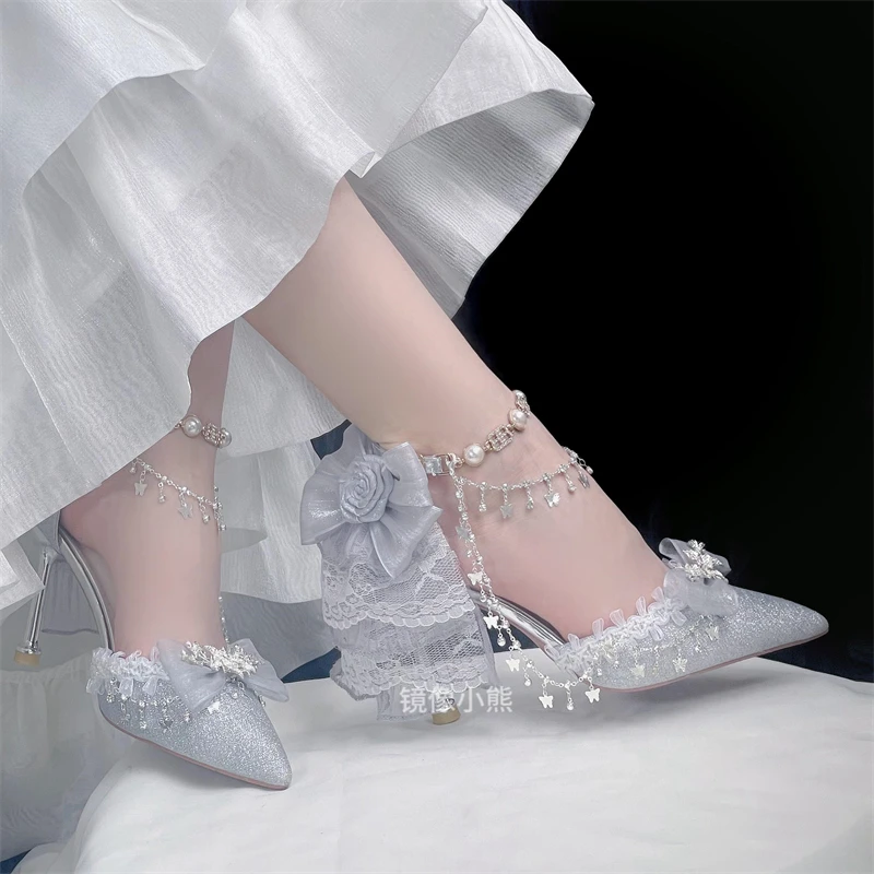 镜像小熊Lolita高跟鞋成人礼银色水晶婚鞋洛丽塔华丽优雅花嫁lo鞋