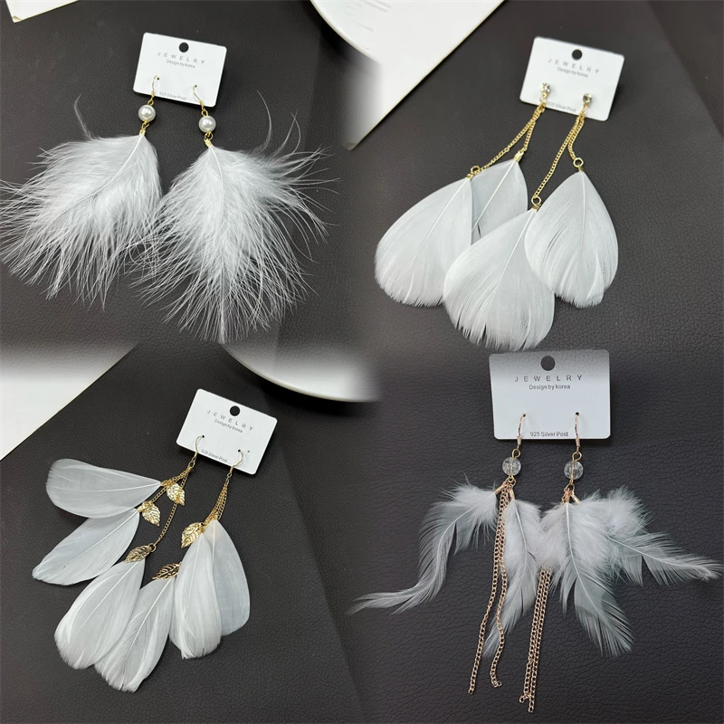 合金羽毛耳饰 波西米亚旅游度假长款耳饰 毛绒超仙女白色羽毛耳环