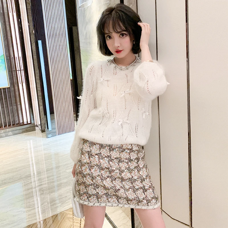 【现货】MIUCO钉钻圆领蝴蝶结镂空针织衫