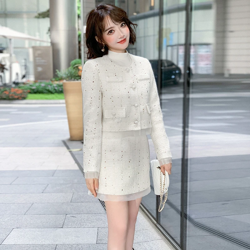 【现货】MIUCO亮片粗花呢短款外套+A字高腰半裙套装女2024秋季