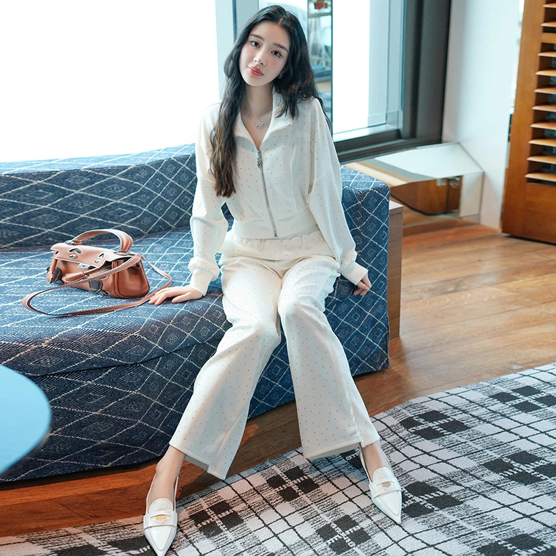 MIUCO进口奥钻烫钻休闲拉链外套+宽松舒适阔腿裤套装【现货】