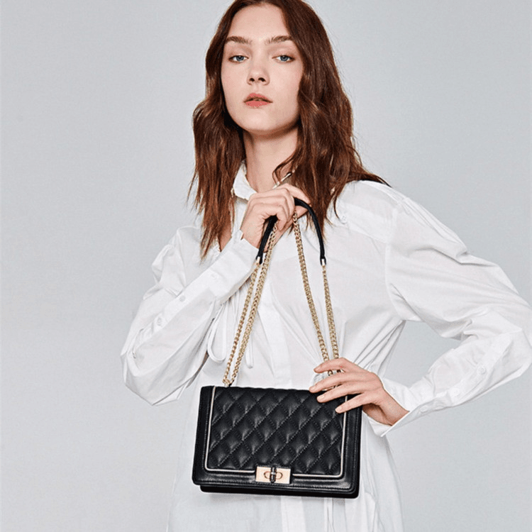 红谷女士包包黑色经典菱格链条手提包休闲百搭单肩斜挎包H5151806