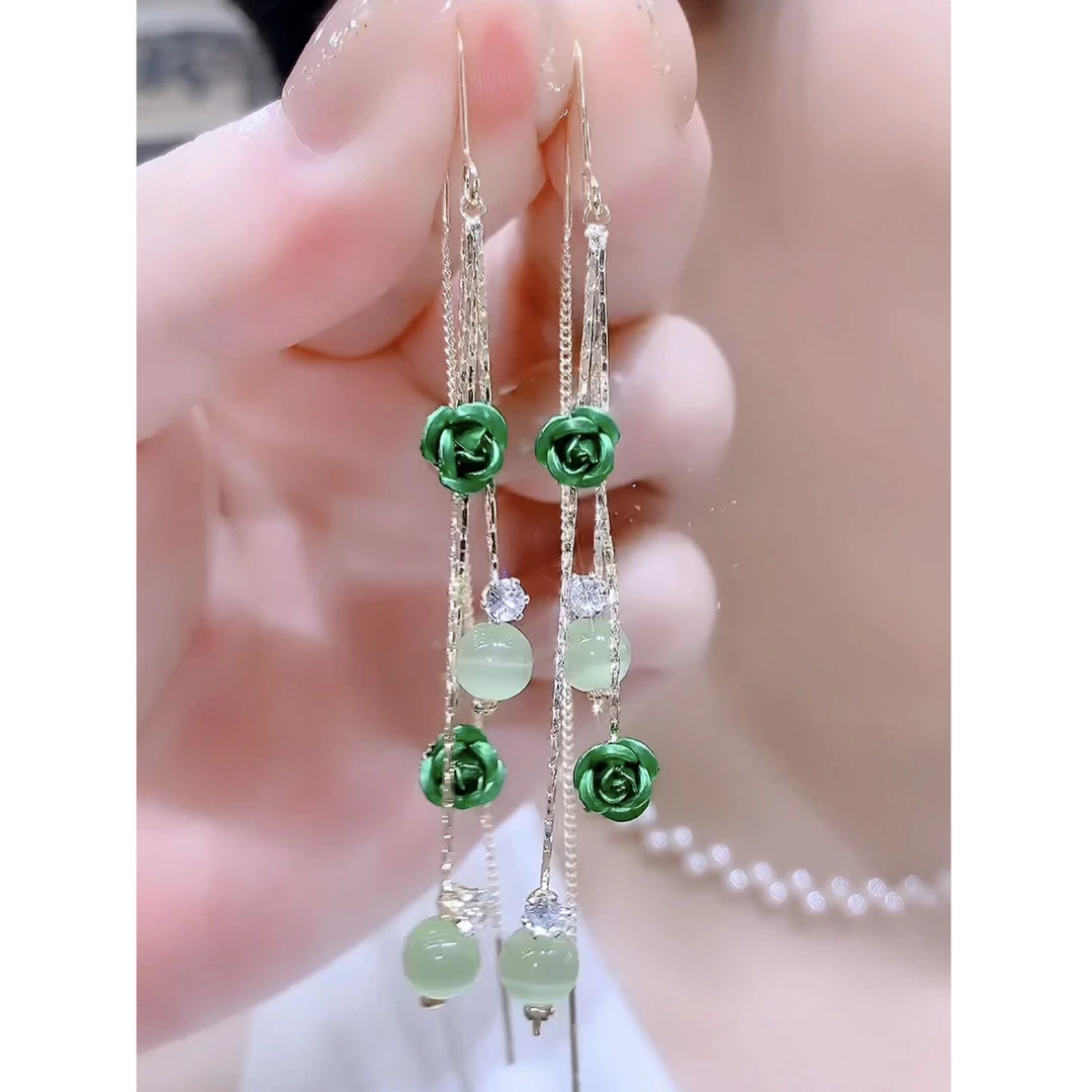 铜合金合成锆石耳饰 长款流苏绿色花朵防丢耳线时尚网红耳环Q711