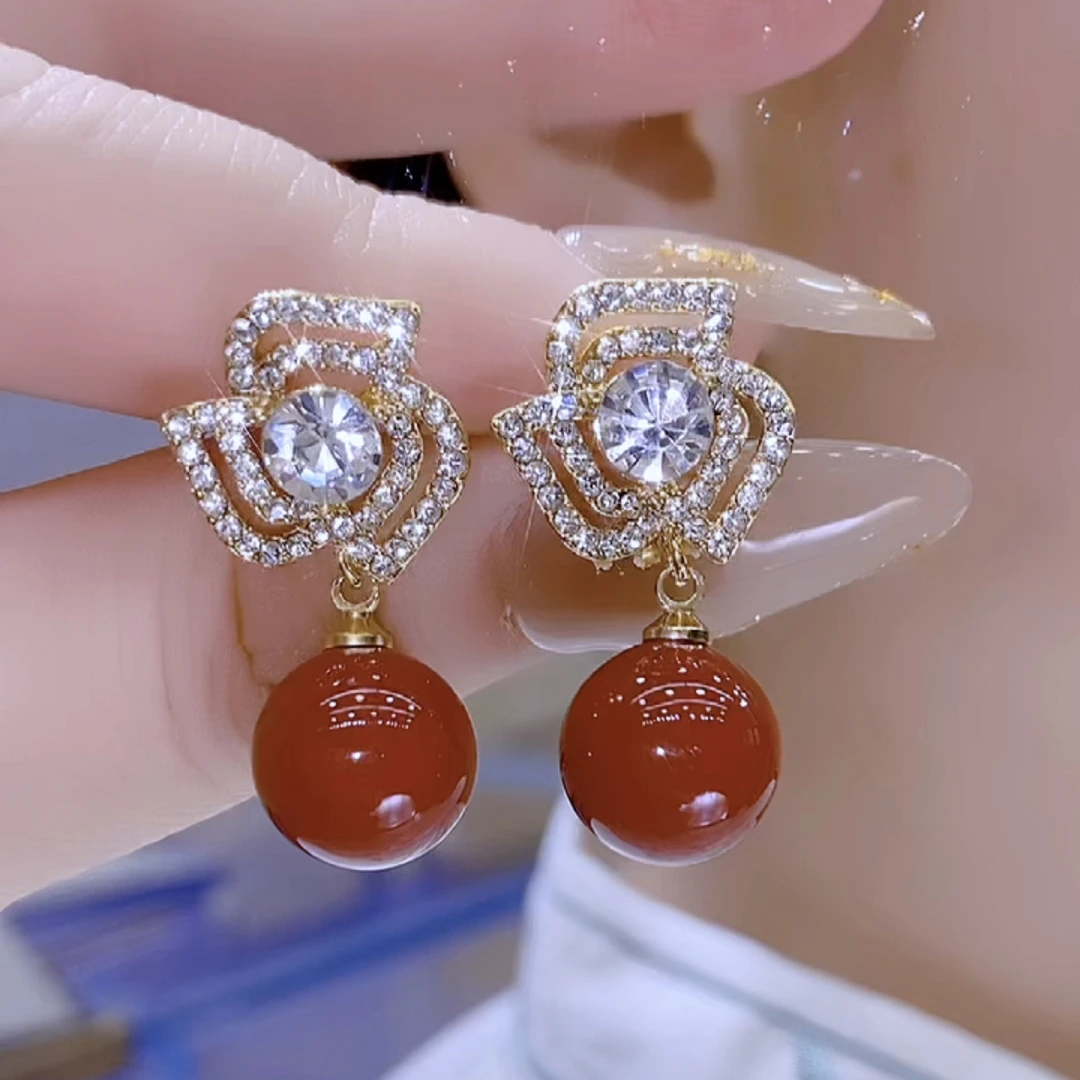 铜合金合成锆石耳饰 时尚轻奢百搭甜美气质红色珠珠耳环