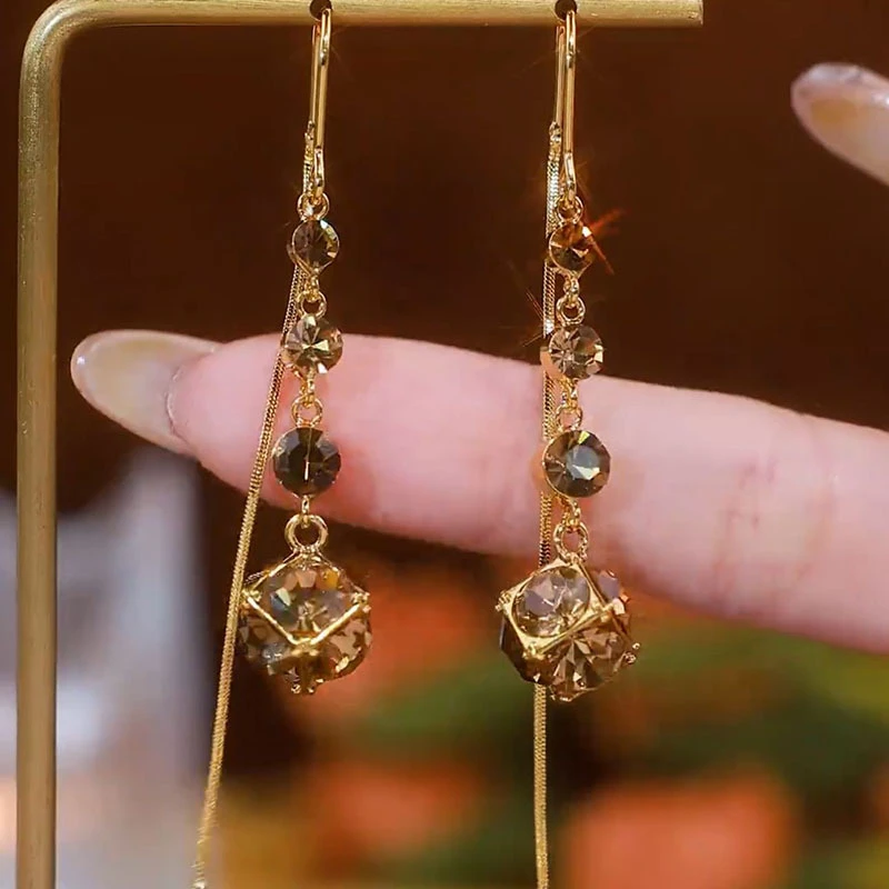 铜合金合成锆石耳饰 超闪美拉德咖色球流苏耳线耳环显脸瘦