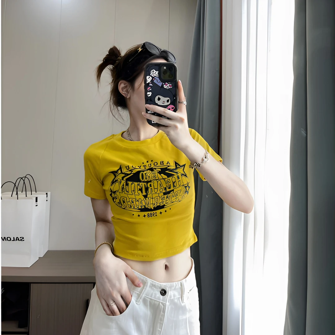 美式复古黄色短袖正肩t恤女夏季新款街头辣妹修身显瘦短款上衣潮