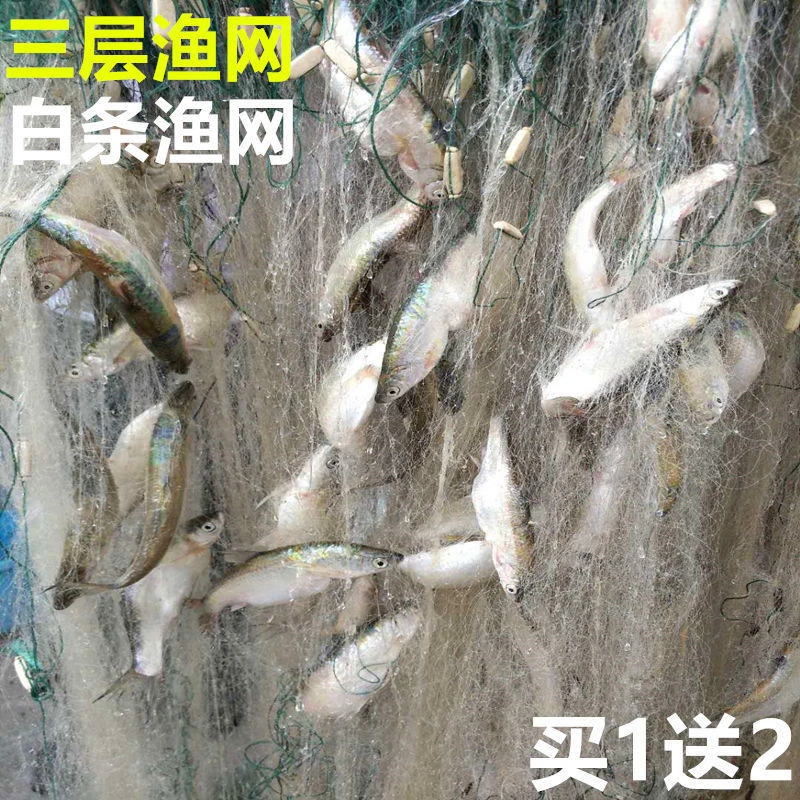 小渔网粘网三层鱼网白条网马口网沉网单层网优质100米长1指网渔具