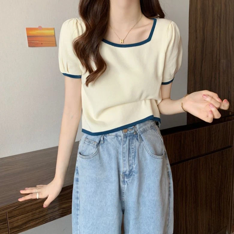 撞色方领泡泡袖短袖正肩T恤女夏季薄款冰丝针织衫时尚短款上衣潮