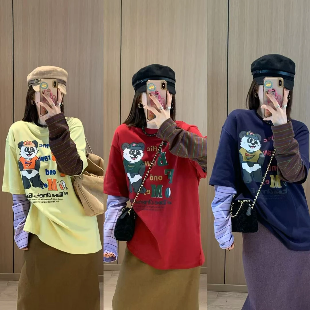 假两件拼色韩系时尚条纹拼接T恤休闲宽松减龄熊猫字母印花T上衣