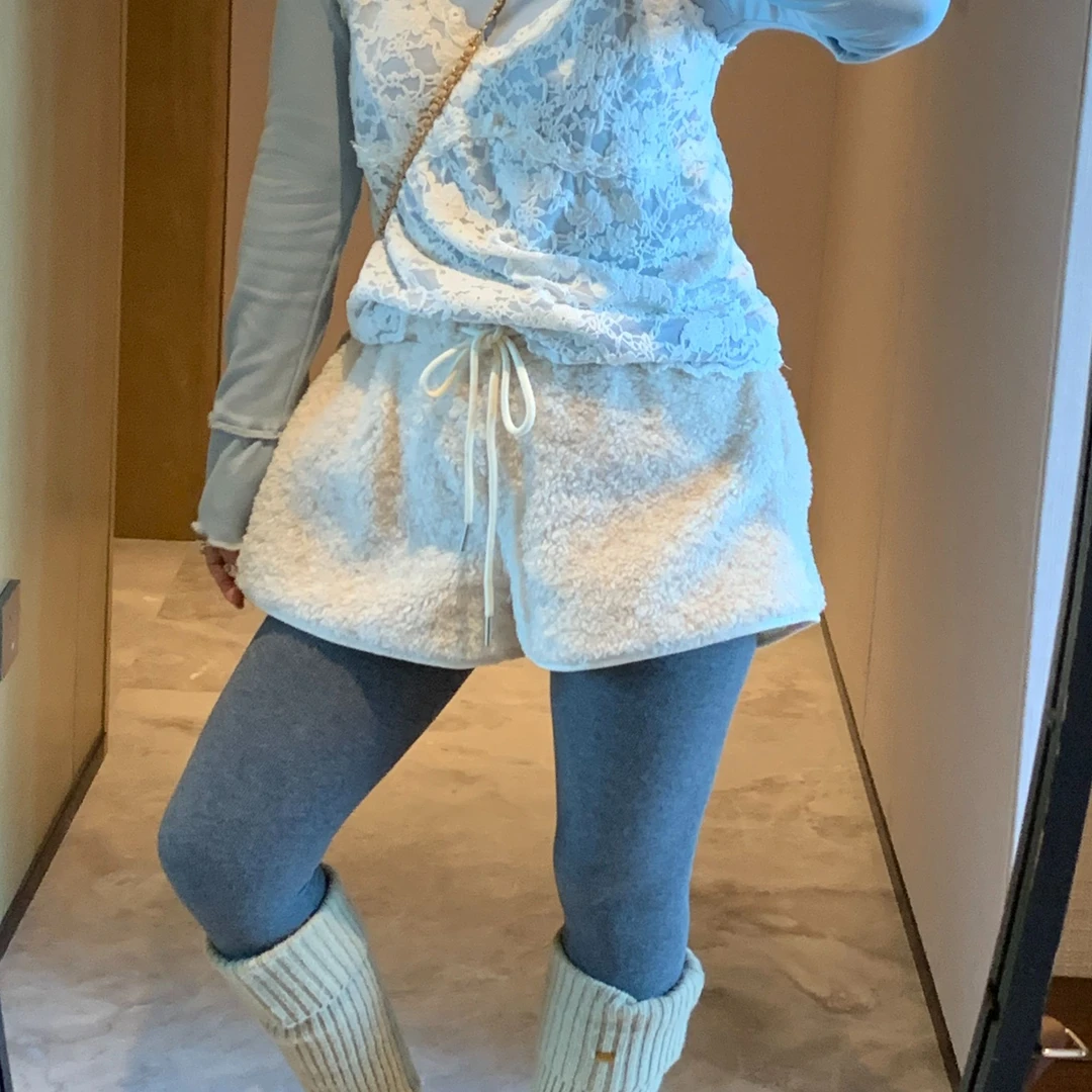 羊羔毛简约百搭秋冬季短裤时尚宽松毛绒裤子韩版系带松紧腰休闲裤