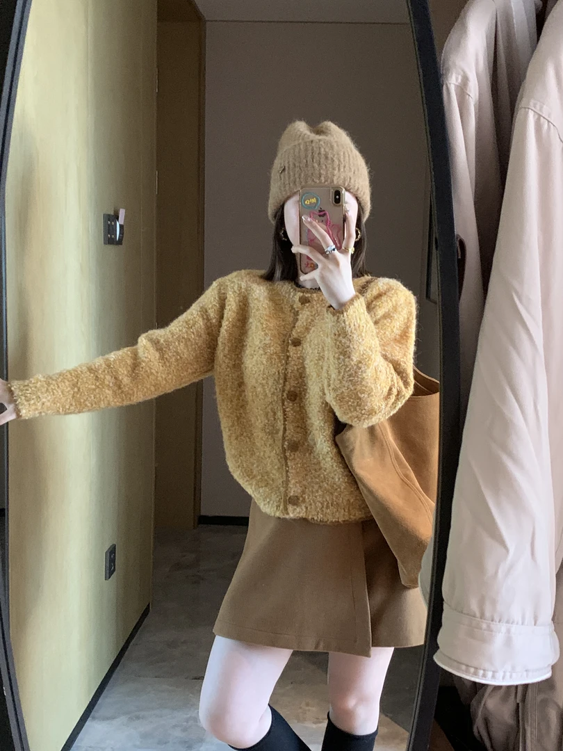 韩系慵懒软糯针织开衫宽松彩纱撞色毛衣外套奶乎乎上衣毛针织衫