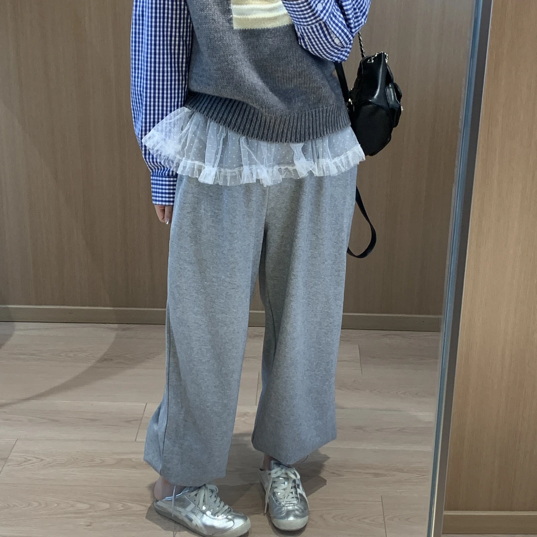 网纱拼接花边裤韩系芭蕾风时尚屁帘拼接休闲裤弹力松紧潮流束脚裤