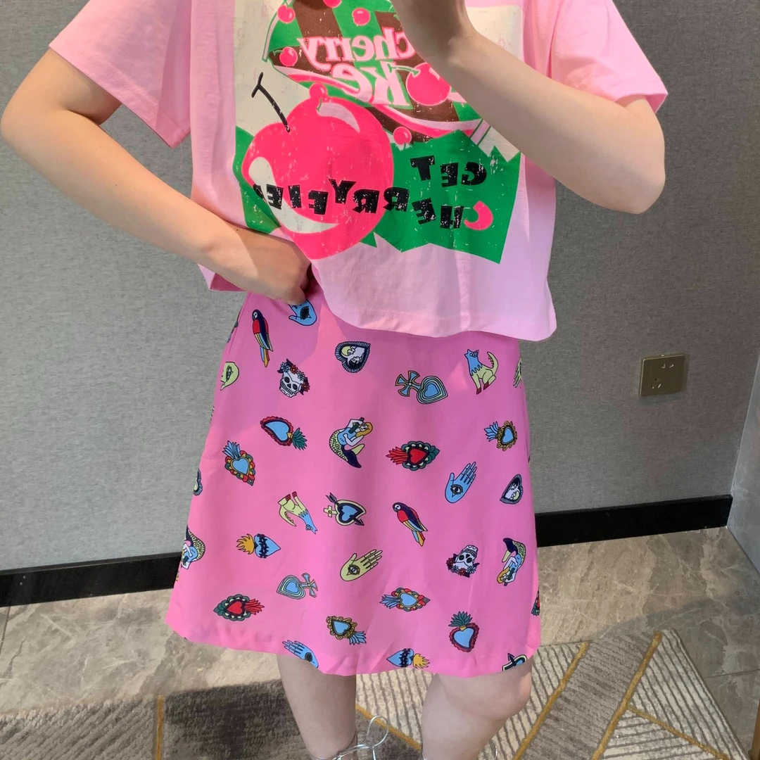 涂鸦卡通图案A字高腰显瘦半身裙