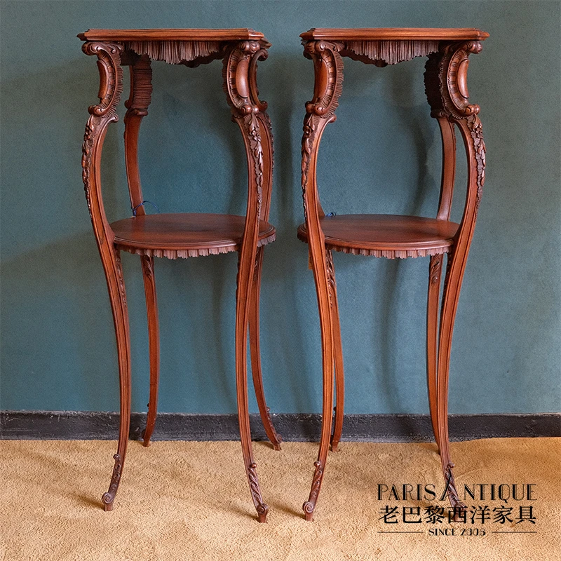 老巴黎｜西洋古董家具 法国洛可可风格核桃木艺术双层花架 一对
