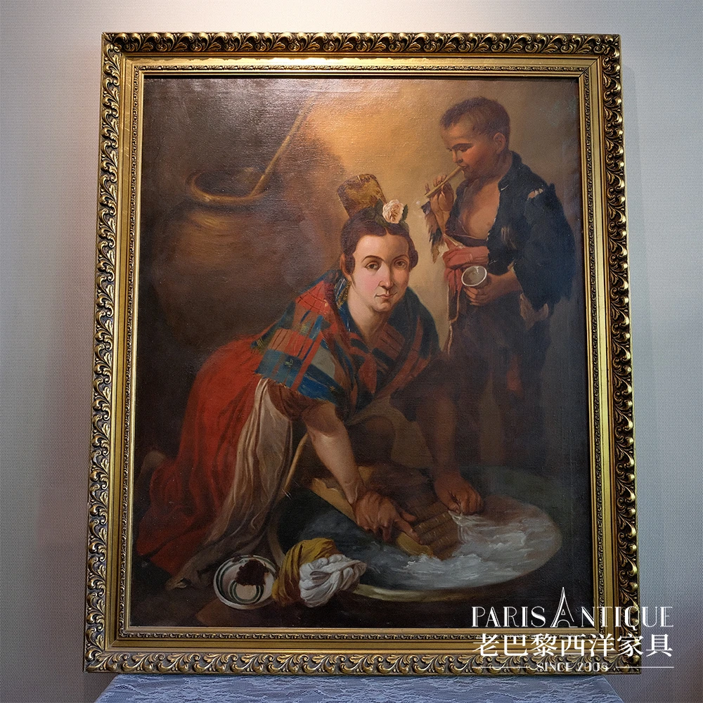 老巴黎｜西洋古董家具 欧洲中古签名油画 洗衣女与男孩