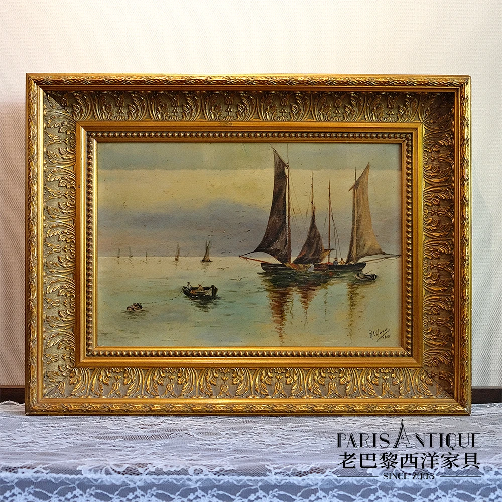 老巴黎｜西洋古董家具 欧洲中古签名板画 海上船只