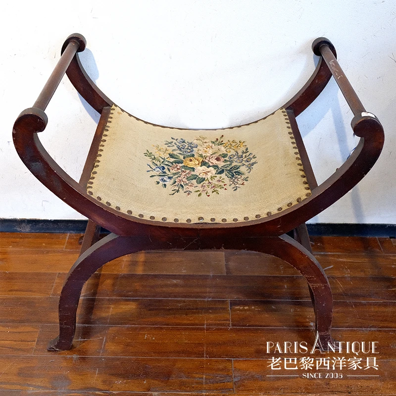 老巴黎|西洋古董家具 英国中古玫瑰木布艺绣面琴凳