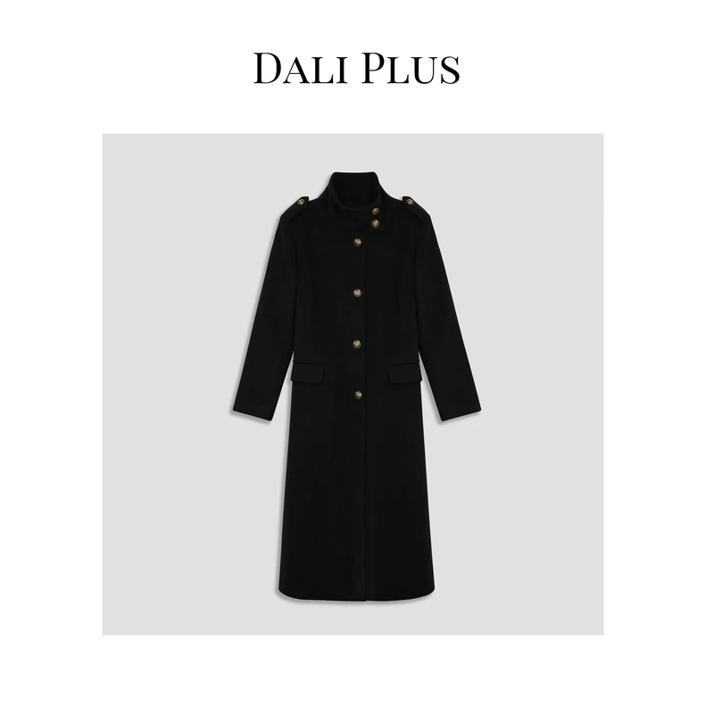 DALI PLUS100%绵羊毛 黑色立领设计单面呢气质大衣-H23171