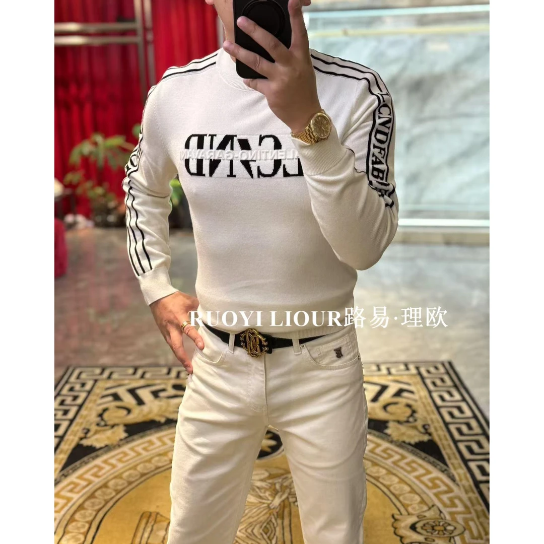 【路易理欧】潮流男欧货时尚轻奢字母条纹印花保暖秋冬毛衣01025