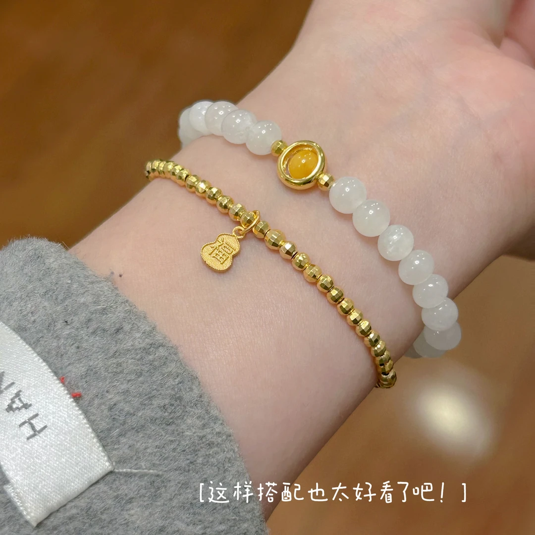 和田白玉搭配S925银环圈蜜蜡手串一条