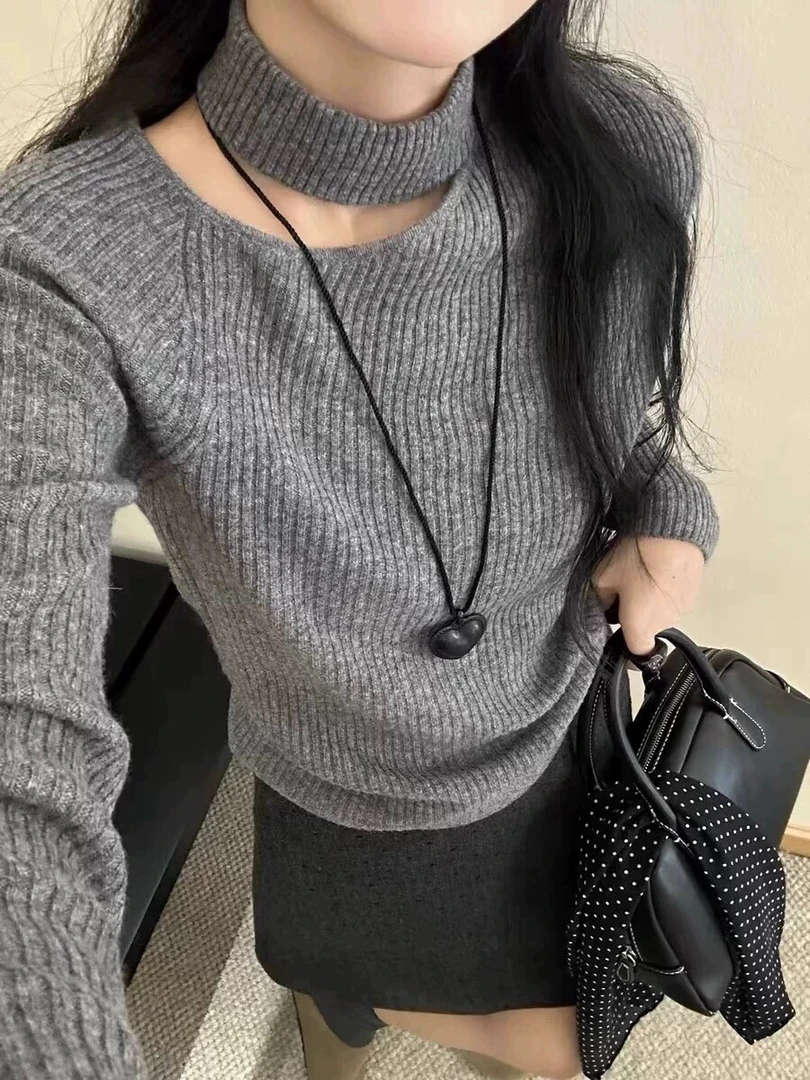 韩系气质挂脖镂空长袖针织衫设计感内搭打底衫时尚性感优雅毛衣