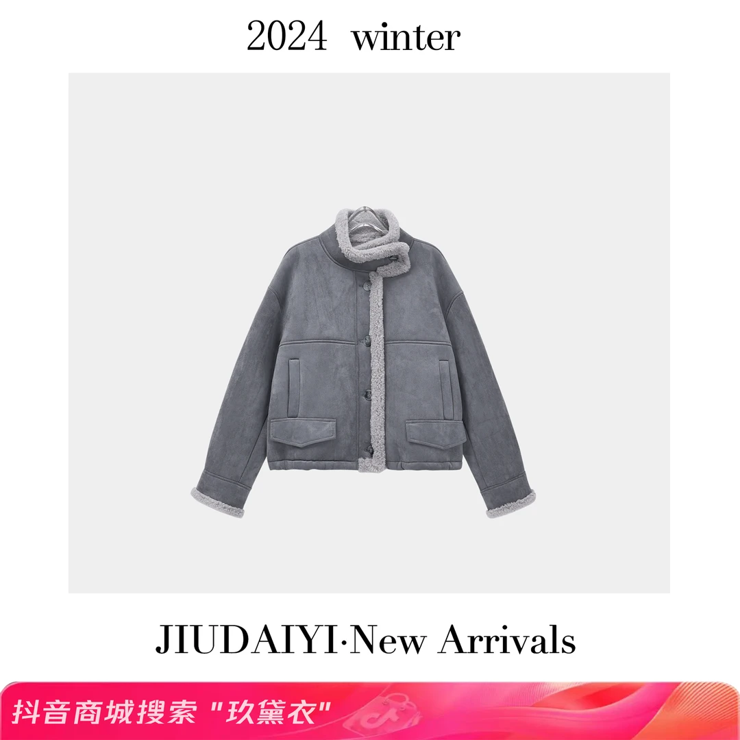 玖黛衣【烟云灰】秋冬新款时尚百搭高毛厚款绒里长袖外套WTP34246