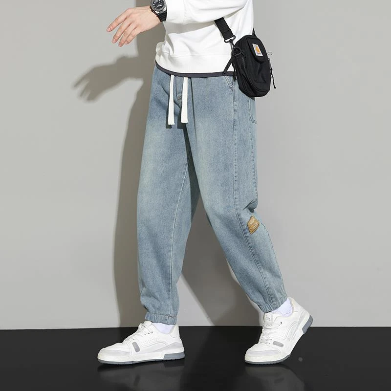 裤子男装2024年秋冬厚款束脚牛仔长裤男士潮牌百搭时尚拼接哈伦裤