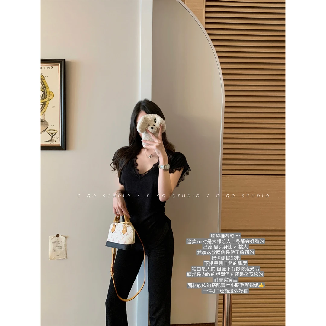 e go studio V领拼接蕾丝T恤女夏季纯欲小性感女人味十足短袖上衣